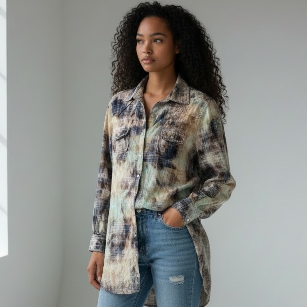 A RARE BIRD TIE DYE RHINESTONE STUDDED WESTERN TUNIC SHIRT